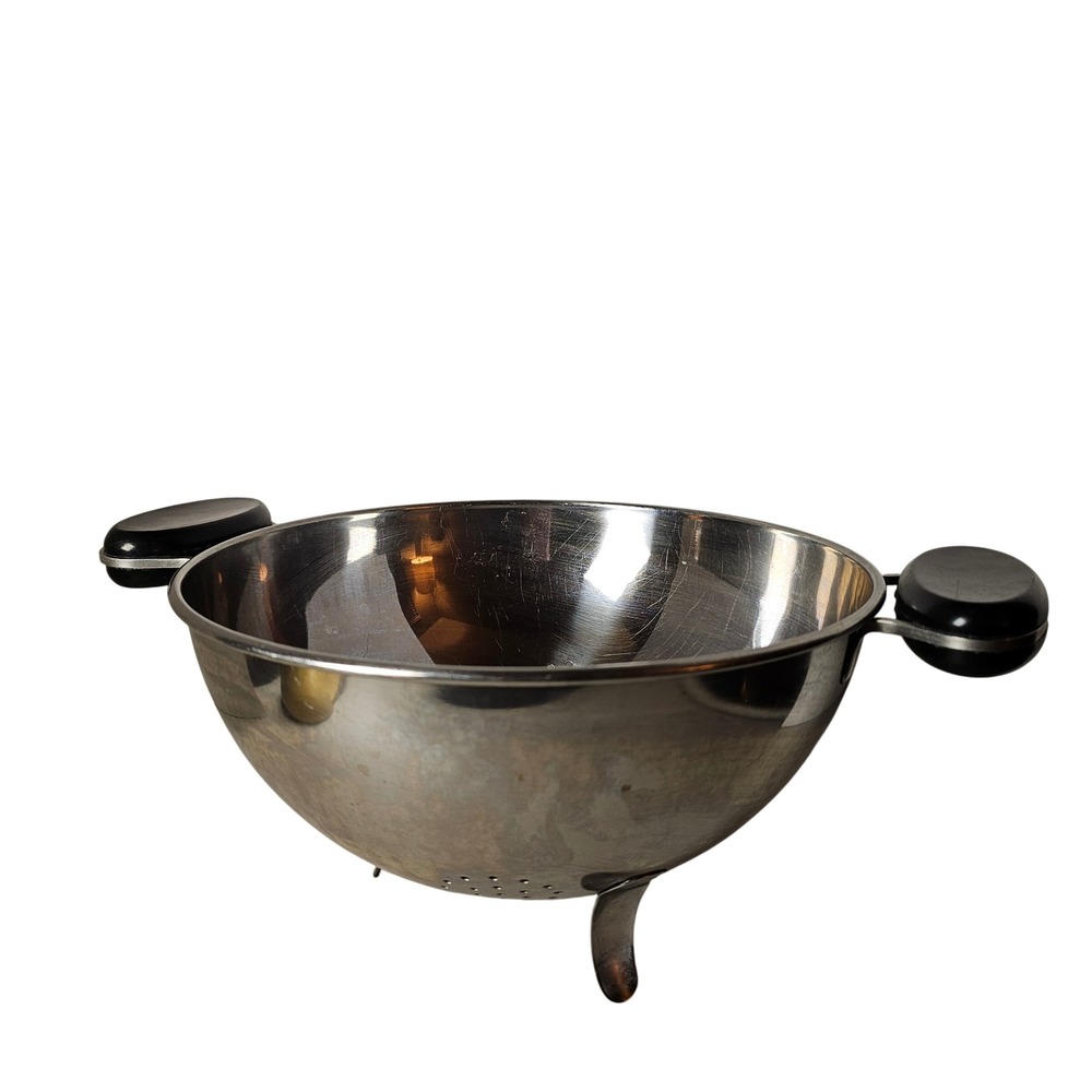 MCM 50s Vintage Stainless Steel Footed Colander Black Bakelite Handles Strainer